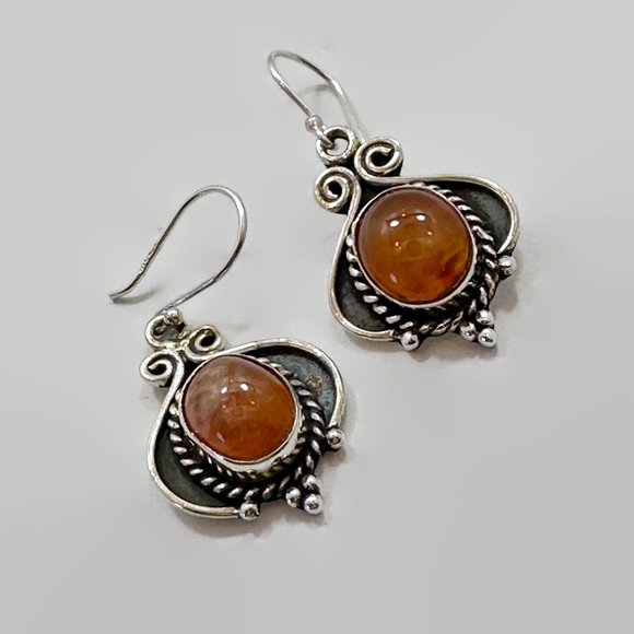 Carnelian Earrings, Sterling Silver, Pierced, Red Stone, Dangles, Handmade - Picture 2 of 3